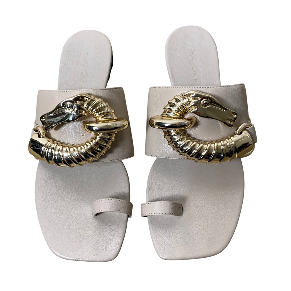 Tory Burch Jessa Horsehead Toe Ring Loop Slide Sandals Cream Leather Gold Size 7